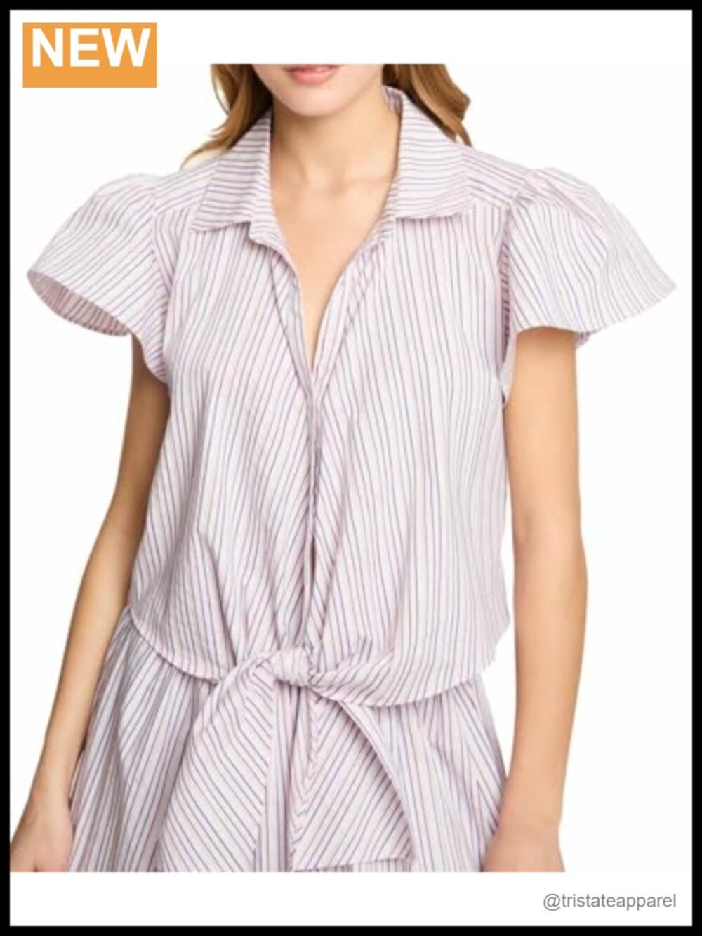 Striped Flutter Sleeve Collared Blouse - Cotton Blend, Dry Clean Only